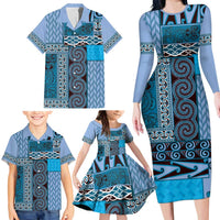 Blue Aotearoa Kowhaiwhai Pattern Family Matching Long Sleeve Bodycon Dress and Hawaiian Shirt NZ Maori Quilt Style LT14 - Polynesian Pride
