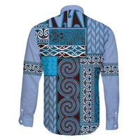 Blue Aotearoa Kowhaiwhai Pattern Family Matching Off The Shoulder Long Sleeve Dress and Hawaiian Shirt NZ Maori Quilt Style LT14 - Polynesian Pride