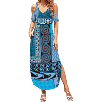 Blue Aotearoa Kowhaiwhai Pattern Family Matching Summer Maxi Dress and Hawaiian Shirt NZ Maori Quilt Style LT14 Mom's Dress Blue - Polynesian Pride
