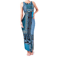 Blue Aotearoa Kowhaiwhai Pattern Family Matching Tank Maxi Dress and Hawaiian Shirt NZ Maori Quilt Style LT14 Mom's Dress Blue - Polynesian Pride