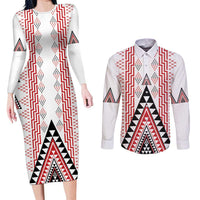 Aotearoa Taniko Couples Matching Long Sleeve Bodycon Dress and Long Sleeve Button Shirt Niho Taniwha Purapura Whetu Mix Poutama LT14 White - Polynesian Pride