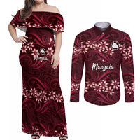 Personalised Cook Islands Mangaia Couples Matching Off Shoulder Maxi Dress and Long Sleeve Button Shirt Tiare Maori Polynesian Waves Tattoo LT14 Burgundy - Polynesian Pride