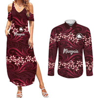 Personalised Cook Islands Mangaia Couples Matching Summer Maxi Dress and Long Sleeve Button Shirt Tiare Maori Polynesian Waves Tattoo LT14 Burgundy - Polynesian Pride