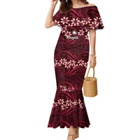 Personalised Cook Islands Mangaia Family Matching Mermaid Dress and Hawaiian Shirt Tiare Maori Polynesian Waves Tattoo LT14 Mom's Dress Burgundy - Polynesian Pride