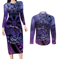 Philippines Father's Day Couples Matching Long Sleeve Bodycon Dress and Long Sleeve Button Shirt Polynesian Tattoo Galaxy Vibes LT14 Blue - Polynesian Pride