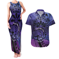 Philippines Father's Day Couples Matching Tank Maxi Dress and Hawaiian Shirt Polynesian Tattoo Galaxy Vibes LT14 Blue - Polynesian Pride