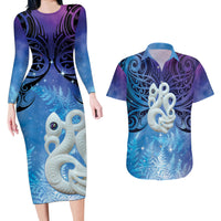 New Zealand Matariki Couples Matching Long Sleeve Bodycon Dress and Hawaiian Shirt Aotearoa Maori New Year Manaia Galaxy Vibes LT14 Blue - Polynesian Pride