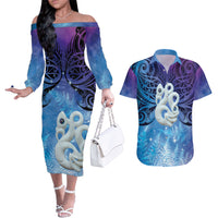 New Zealand Matariki Couples Matching Off The Shoulder Long Sleeve Dress and Hawaiian Shirt Aotearoa Maori New Year Manaia Galaxy Vibes LT14 Blue - Polynesian Pride