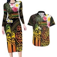 Personalised Vanuatu Independence Day Couples Matching Long Sleeve Bodycon Dress and Hawaiian Shirt Carving Drum Sand Drawing Turtle LT14 Black - Polynesian Pride