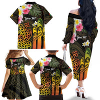 Personalised Vanuatu Independence Day Family Matching Off The Shoulder Long Sleeve Dress and Hawaiian Shirt Carving Drum Sand Drawing Turtle LT14 - Polynesian Pride