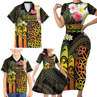 Personalised Vanuatu Independence Day Family Matching Short Sleeve Bodycon Dress and Hawaiian Shirt Carving Drum Sand Drawing Turtle LT14 - Polynesian Pride