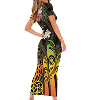 Personalised Vanuatu Independence Day Family Matching Short Sleeve Bodycon Dress and Hawaiian Shirt Carving Drum Sand Drawing Turtle LT14 - Polynesian Pride