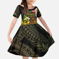 Personalised Vanuatu Independence Day Family Matching Summer Maxi Dress and Hawaiian Shirt Carving Drum Sand Drawing Turtle LT14 Daughter's Dress Black - Polynesian Pride