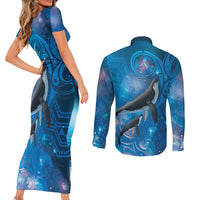 Paikea New Zealand Matariki Couples Matching Short Sleeve Bodycon Dress and Long Sleeve Button Shirt Humpback Whale Taniko Motifs Ocean Vibes LT14 - Polynesian Pride
