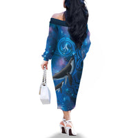 Paikea New Zealand Matariki Family Matching Off The Shoulder Long Sleeve Dress and Hawaiian Shirt Humpback Whale Taniko Motifs Ocean Vibes LT14 - Polynesian Pride