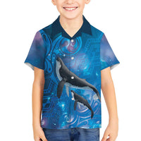Paikea New Zealand Matariki Family Matching Off Shoulder Maxi Dress and Hawaiian Shirt Humpback Whale Taniko Motifs Ocean Vibes LT14 Son's Shirt Blue - Polynesian Pride
