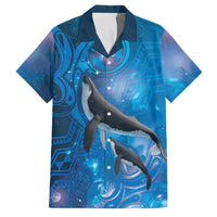 Paikea New Zealand Matariki Family Matching Summer Maxi Dress and Hawaiian Shirt Humpback Whale Taniko Motifs Ocean Vibes LT14 Dad's Shirt - Short Sleeve Blue - Polynesian Pride