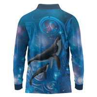 Paikea New Zealand Matariki Long Sleeve Polo Shirt Humpback Whale Taniko Motifs Ocean Vibes LT14 - Polynesian Pride