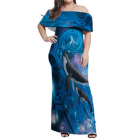 Paikea New Zealand Matariki Off Shoulder Maxi Dress Humpback Whale Taniko Motifs Ocean Vibes LT14 Women Blue - Polynesian Pride