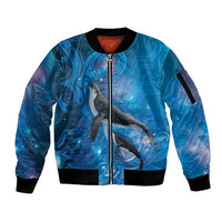 Paikea New Zealand Matariki Sleeve Zip Bomber Jacket Humpback Whale Taniko Motifs Ocean Vibes LT14 Unisex Blue - Polynesian Pride
