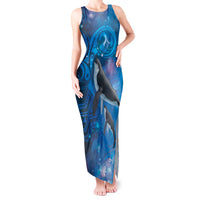 Paikea New Zealand Matariki Tank Maxi Dress Humpback Whale Taniko Motifs Ocean Vibes LT14 Women Blue - Polynesian Pride