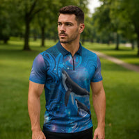 Paikea New Zealand Matariki Zipper Polo Shirt Humpback Whale Taniko Motifs Ocean Vibes LT14 - Polynesian Pride