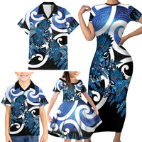 Piwakawaka New Zealand Matariki Family Matching Short Sleeve Bodycon Dress and Hawaiian Shirt Maori New Year Silver Fern Blue Galaxy LT14 - Polynesian Pride