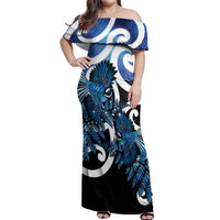 Piwakawaka New Zealand Matariki Off Shoulder Maxi Dress Maori New Year Silver Fern Blue Galaxy LT14 Women Blue - Polynesian Pride