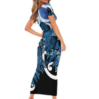 Piwakawaka New Zealand Matariki Short Sleeve Bodycon Dress Maori New Year Silver Fern Blue Galaxy LT14 - Polynesian Pride