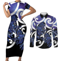 Piwakawaka New Zealand Matariki Couples Matching Short Sleeve Bodycon Dress and Long Sleeve Button Shirt Maori New Year Silver Fern Purple Galaxy LT14 Purple - Polynesian Pride
