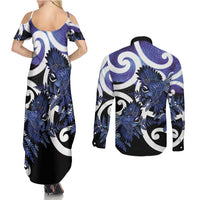 Piwakawaka New Zealand Matariki Couples Matching Summer Maxi Dress and Long Sleeve Button Shirt Maori New Year Silver Fern Purple Galaxy LT14 - Polynesian Pride
