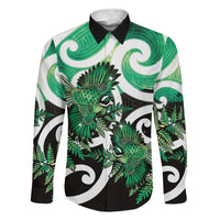 Piwakawaka New Zealand Matariki Family Matching Tank Maxi Dress and Hawaiian Shirt Maori New Year Silver Fern Green Galaxy LT14 Dad's Shirt - Long Sleeve Green - Polynesian Pride