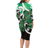 Piwakawaka New Zealand Matariki Long Sleeve Bodycon Dress Maori New Year Silver Fern Green Galaxy LT14 - Polynesian Pride