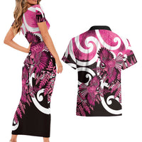Piwakawaka New Zealand Matariki Couples Matching Short Sleeve Bodycon Dress and Hawaiian Shirt Maori New Year Silver Fern Pink Galaxy LT14 - Polynesian Pride