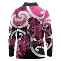 Piwakawaka New Zealand Matariki Long Sleeve Polo Shirt Maori New Year Silver Fern Pink Galaxy LT14 - Polynesian Pride