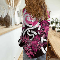 Piwakawaka New Zealand Matariki Women Casual Shirt Maori New Year Silver Fern Pink Galaxy LT14 - Polynesian Pride