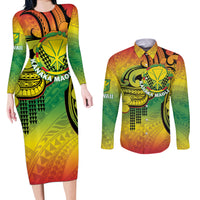 Hawaii Flag Day Couples Matching Long Sleeve Bodycon Dress and Long Sleeve Button Shirt Kanaka Maoli With Kakau Polynesian Pattern LT14 Green - Polynesian Pride