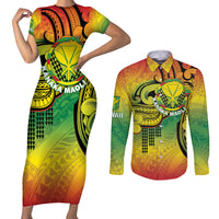 Hawaii Flag Day Couples Matching Short Sleeve Bodycon Dress and Long Sleeve Button Shirt Kanaka Maoli With Kakau Polynesian Pattern LT14 Green - Polynesian Pride