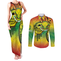 Hawaii Flag Day Couples Matching Tank Maxi Dress and Long Sleeve Button Shirt Kanaka Maoli With Kakau Polynesian Pattern LT14 Green - Polynesian Pride