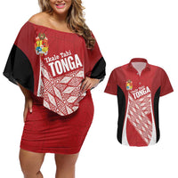 Tonga Rugby Custom Couples Matching Off Shoulder Short Dress and Hawaiian Shirt Go ʻIkale Tahi Go Tongan Tapa Cloth LT14 Red - Polynesian Pride