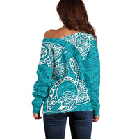 Polynesian Pride Hawaii Off Shoulder Sweater Hawaiian Tribal Honu Turquoise Version LT14 - Polynesian Pride