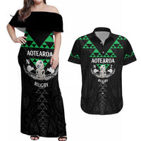 Personalised Aotearoa Rugby Couples Matching Off Shoulder Maxi Dress and Hawaiian Shirt New Zealand Maori Kete Matauranga Pattern LT14 Black - Polynesian Pride