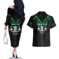 Personalised Aotearoa Rugby Couples Matching Off The Shoulder Long Sleeve Dress and Hawaiian Shirt New Zealand Maori Kete Matauranga Pattern LT14 - Polynesian Pride
