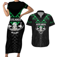 Personalised Aotearoa Rugby Couples Matching Short Sleeve Bodycon Dress and Hawaiian Shirt New Zealand Maori Kete Matauranga Pattern LT14 Black - Polynesian Pride