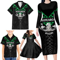 Personalised Aotearoa Rugby Family Matching Long Sleeve Bodycon Dress and Hawaiian Shirt New Zealand Maori Kete Matauranga Pattern LT14 - Polynesian Pride
