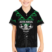 Personalised Aotearoa Rugby Family Matching Off The Shoulder Long Sleeve Dress and Hawaiian Shirt New Zealand Maori Kete Matauranga Pattern LT14 Son's Shirt Black - Polynesian Pride