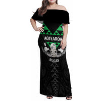 Personalised Aotearoa Rugby Family Matching Off Shoulder Maxi Dress and Hawaiian Shirt New Zealand Maori Kete Matauranga Pattern LT14 Mom's Dress Black - Polynesian Pride