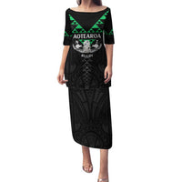 Personalised Aotearoa Rugby Family Matching Puletasi and Hawaiian Shirt New Zealand Maori Kete Matauranga Pattern LT14 Mom's Dress Black - Polynesian Pride