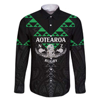 Personalised Aotearoa Rugby Family Matching Short Sleeve Bodycon Dress and Hawaiian Shirt New Zealand Maori Kete Matauranga Pattern LT14 Dad's Shirt - Long Sleeve Black - Polynesian Pride