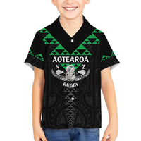 Personalised Aotearoa Rugby Kid Hawaiian Shirt New Zealand Maori Kete Matauranga Pattern LT14 Kid Black - Polynesian Pride